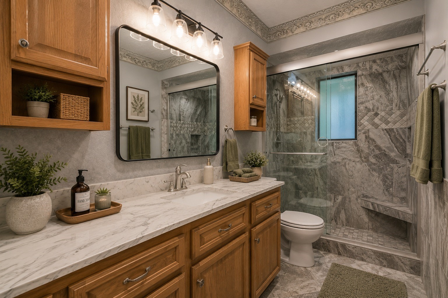 Virtually updated secondary bathroom.