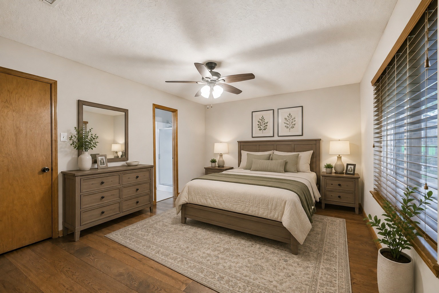 Virtually staged master bedroom.