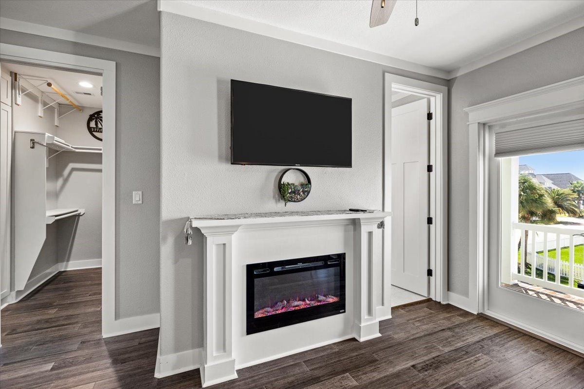 Primary bedroom with another fireplace and 2 walk-in closets