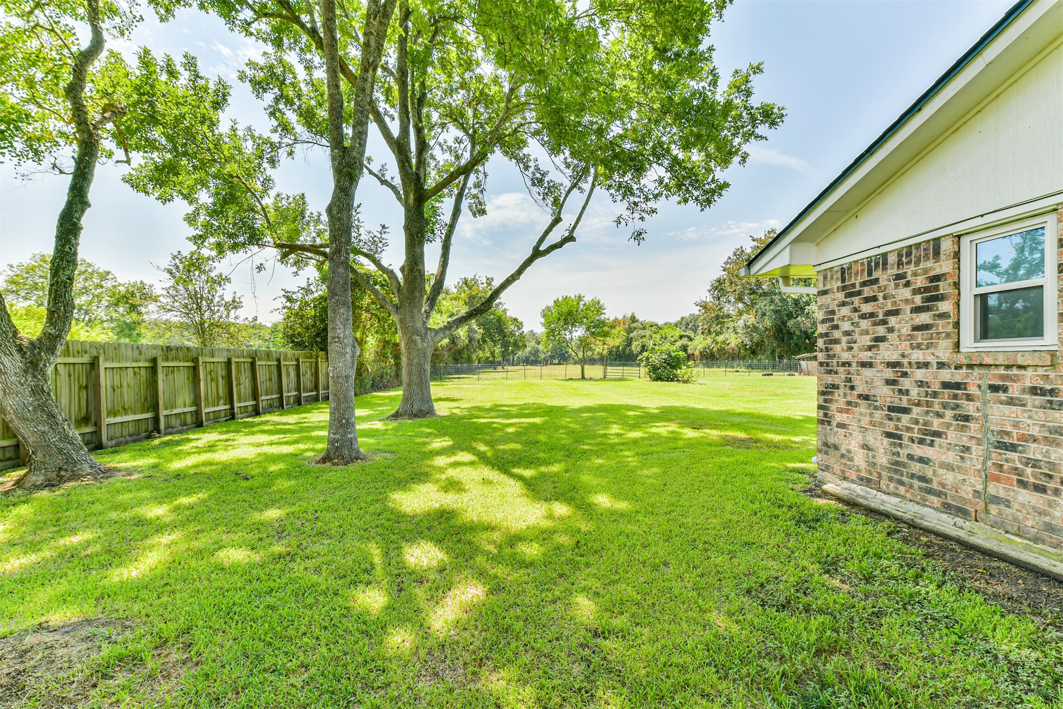 Expansive side yard with lush greenery and mature trees, perfect for relaxation and outdoor activities.