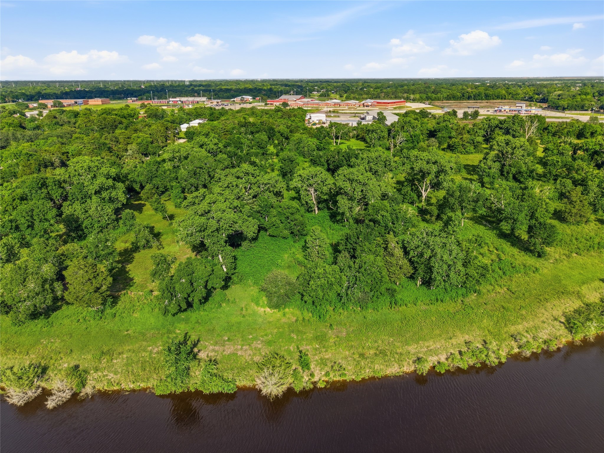 Lush, green landscape with dense trees, bordered by a calm body of water.