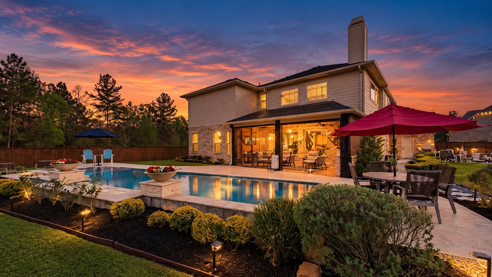 Beautiful backyard oasis featuring a sparkling pool, covered patio and lush landscaping.