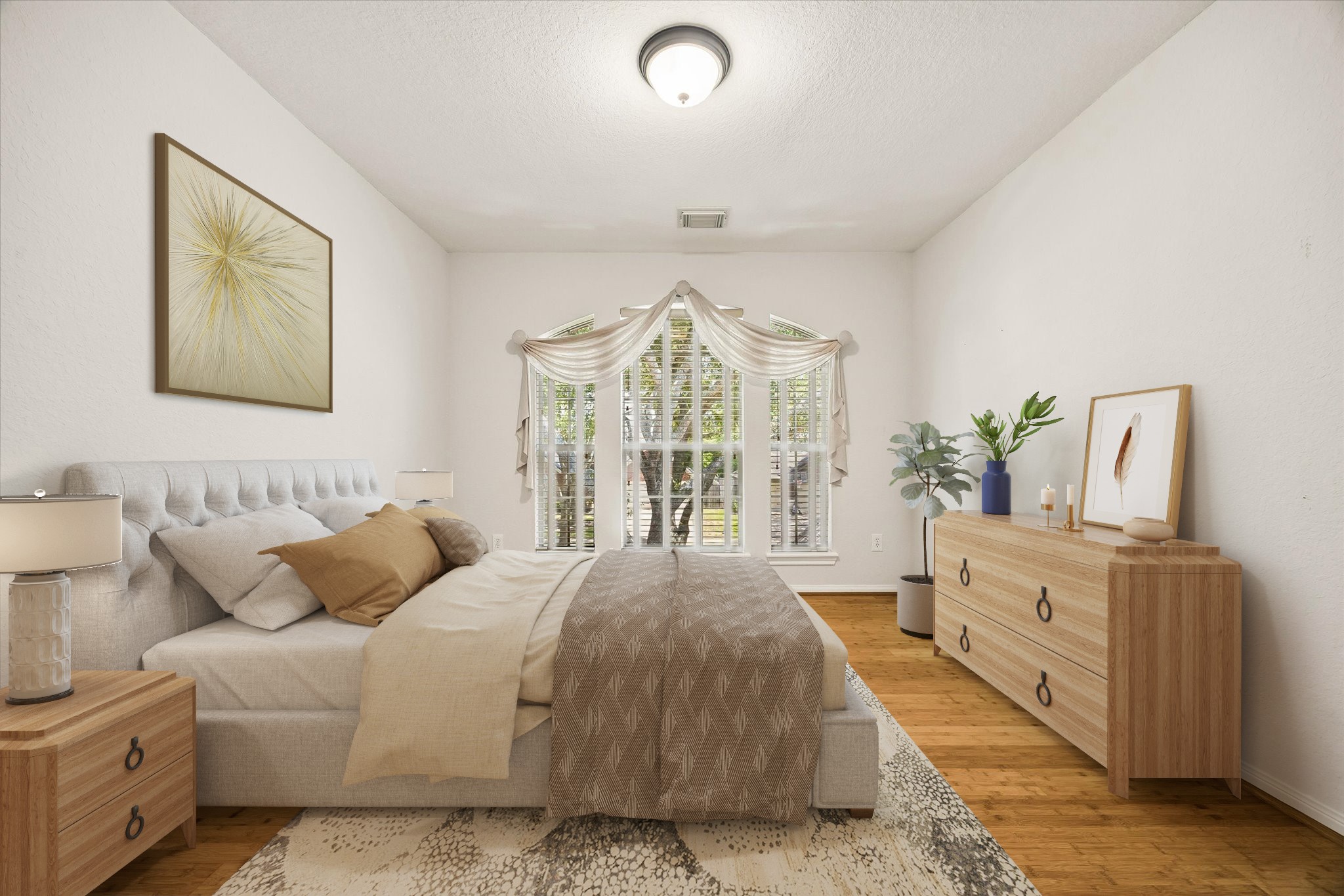 Natural light and bamboo flooring give this roomy guest bedroom a warm, inviting feel, while a large closet and nearby full bathroom make it ready for overnight guests or everyday living.