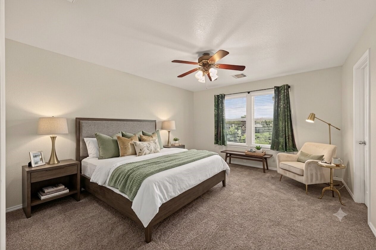 This virtually staged bedroom offers a serene retreat with its cozy carpeting, elegant furnishings, and ample natural light streaming through large windows, creating a perfect blend of comfort and style.