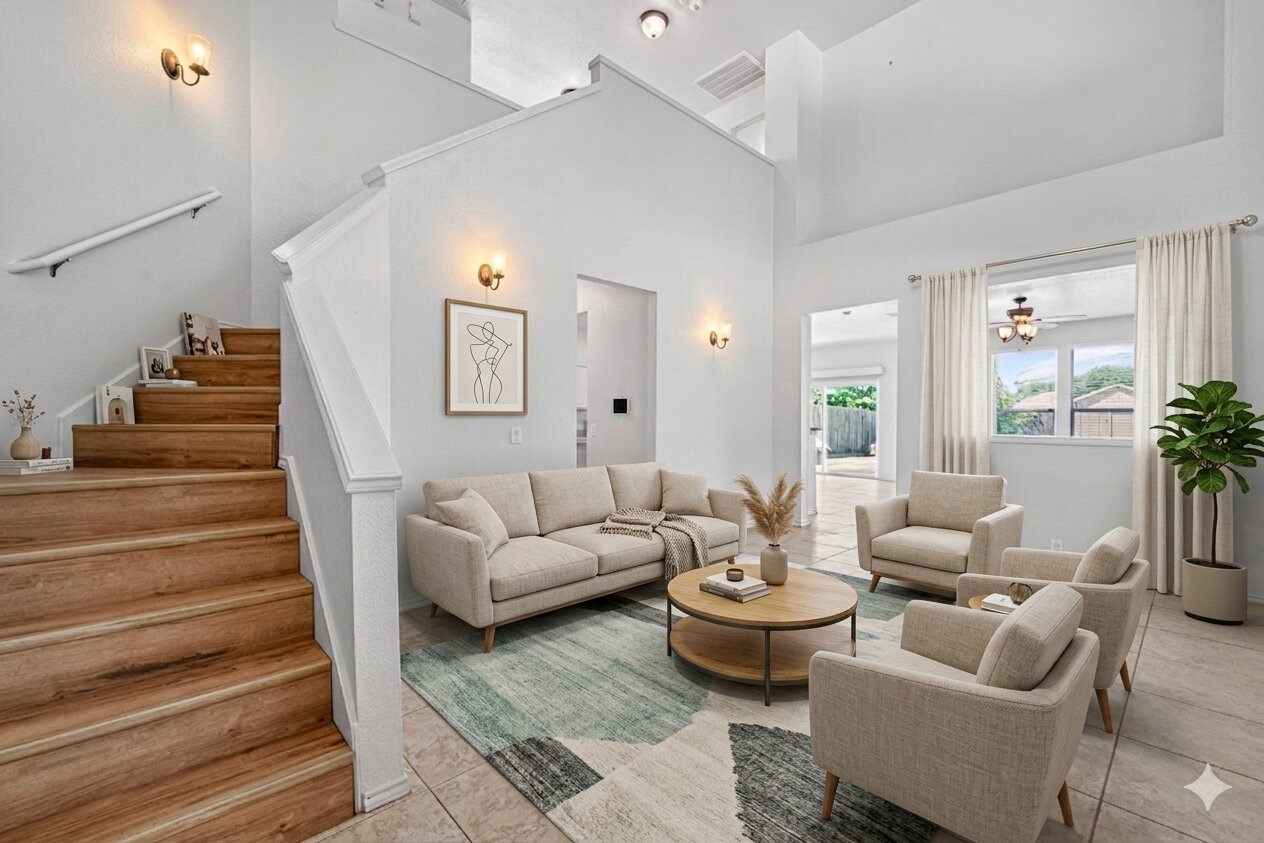 Experience the elegance of this virtually staged formal living room, featuring an open layout with high ceilings and abundant natural light, perfect for both relaxation and entertaining.