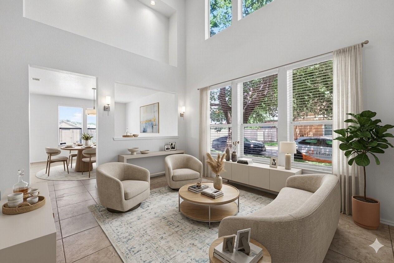 This virtually staged formal living room boasts high ceilings and abundant natural light, offering a spacious and inviting atmosphere perfect for stylish gatherings.