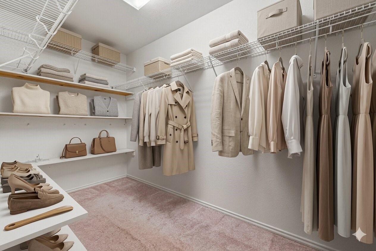This virtually staged closet features a clean, organized design with modern styling and elegant finishes.