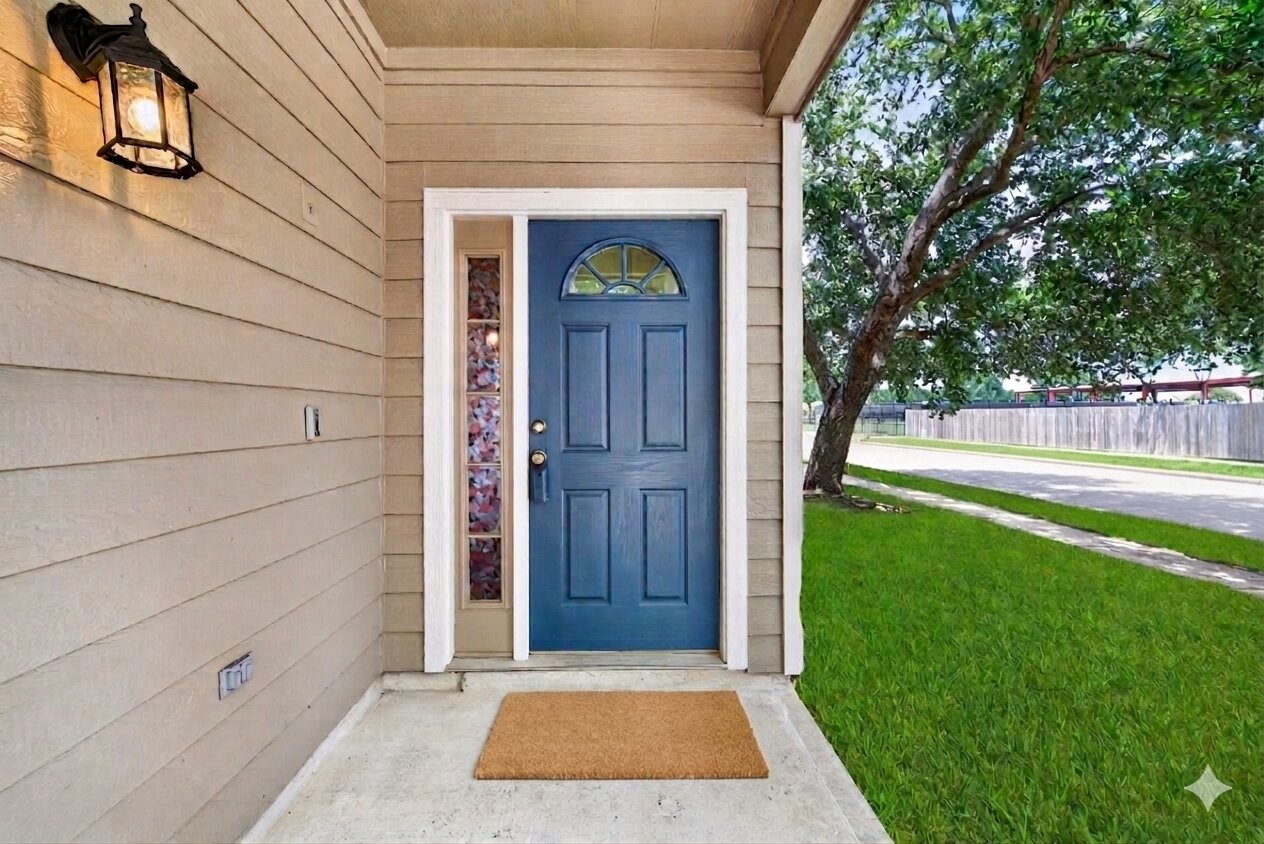 Charming front entry with a blue door framed by a side window, set against neutral siding. A welcoming light fixture and doormat add warmth, while the lush green lawn and tree provide a serene outdoor view.