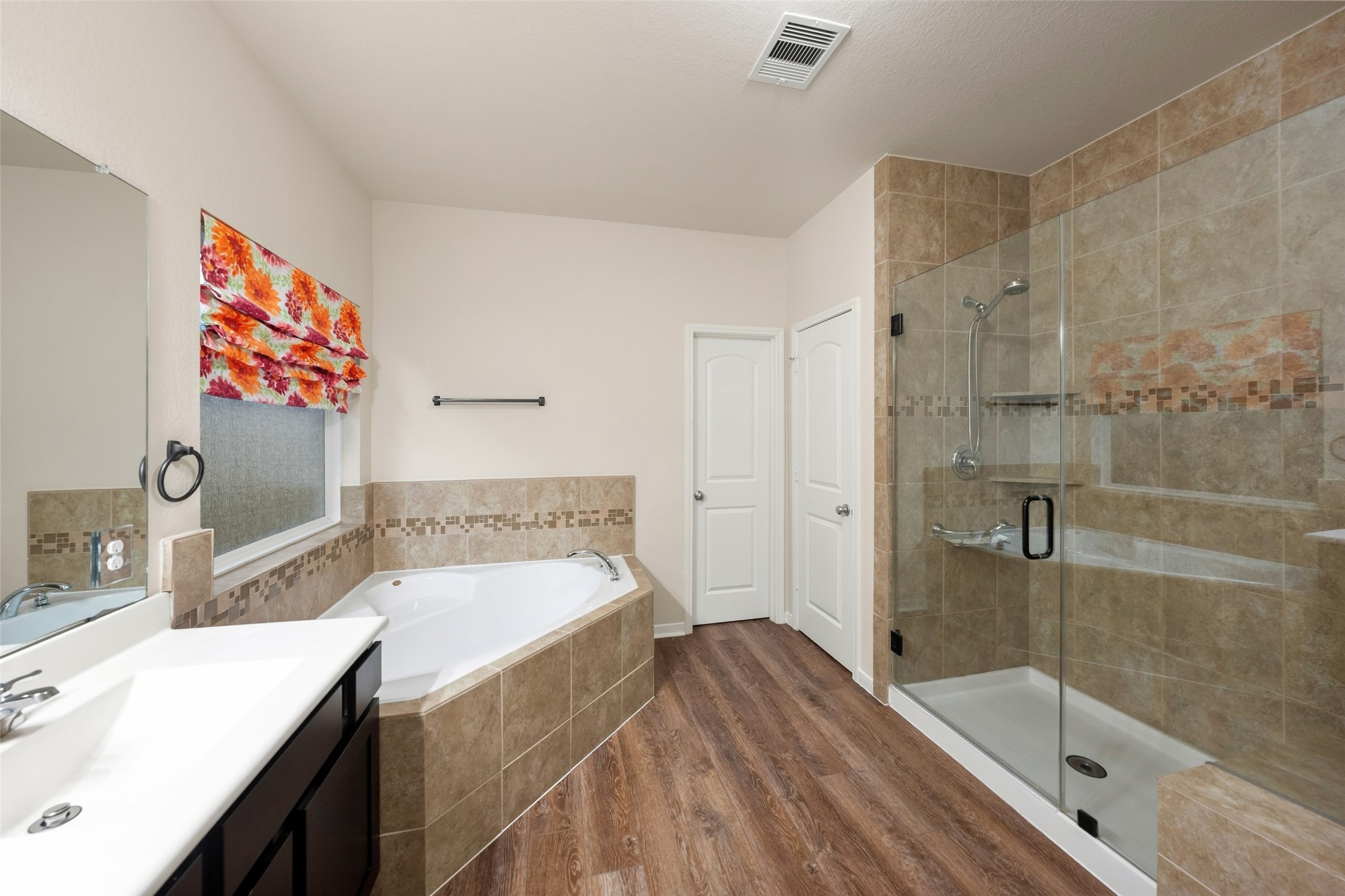 upgraded, extended shower door.