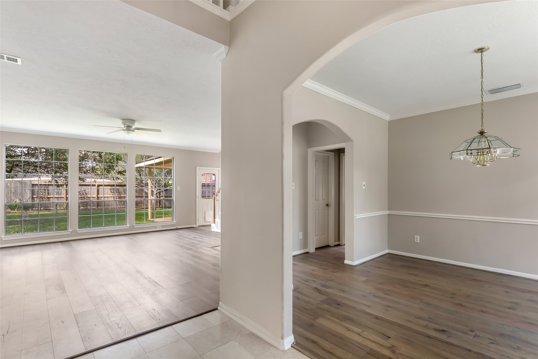 Open formal dining room with architectural details