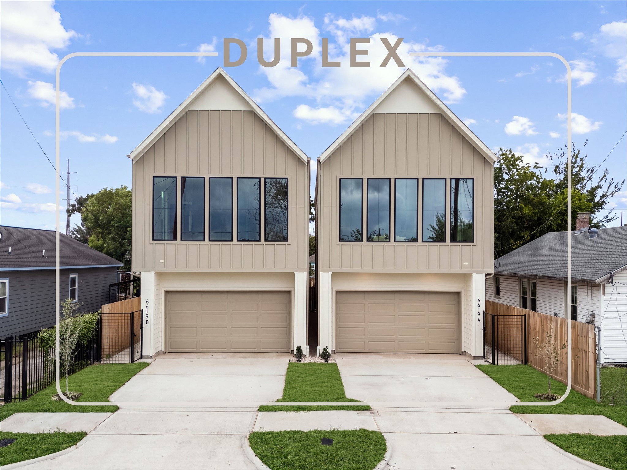 Turn-key modern farmhouse duplex by Jain & Co., Bayou Hawthorne in East End/Magnolia Park. Includes two independent 3-bed, 2.5-bath units (6619A & 6619B) with private garages, dedicated driveways, fenced yards, 12' ceilings, and spa-like primary suites. Ideal for house-hacking or dual-rental income in a fast-growing Inner Loop location.