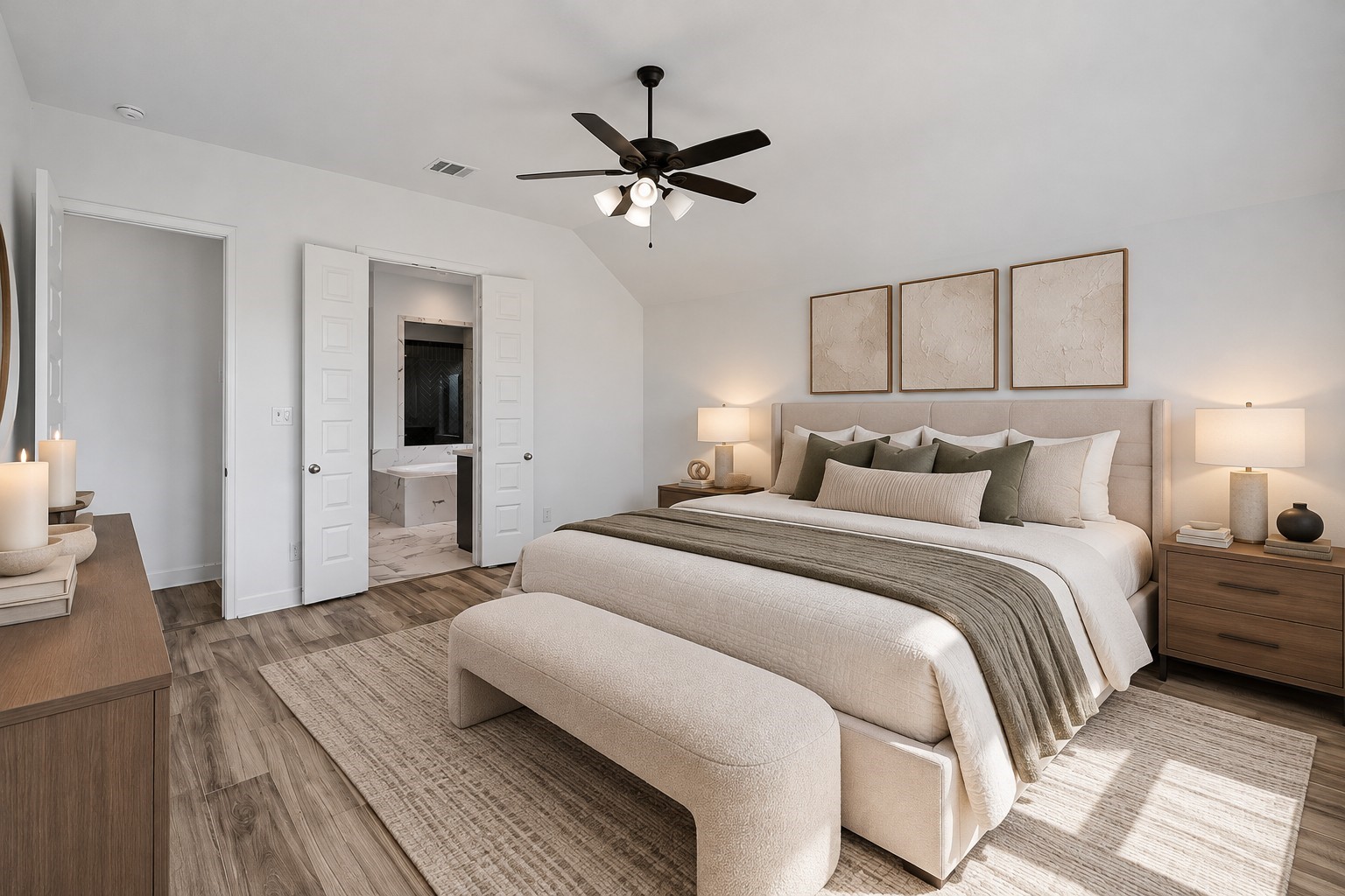 Virtually Staged: Seamless transitions lead directly into an en-suite space, highlighting the well-balanced layout and enduring flooring throughout.