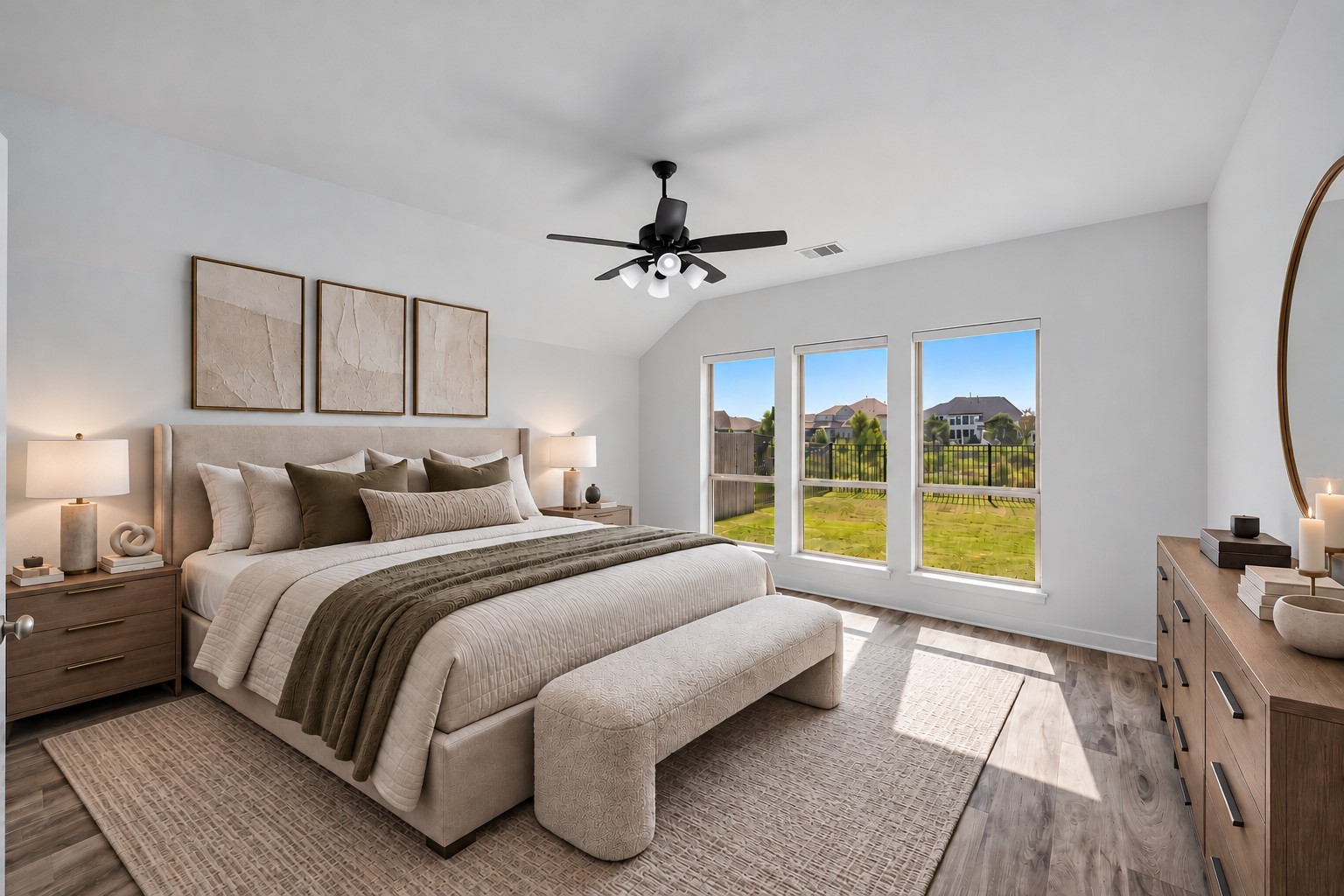 Virtually Staged: High ceilings and a wall of tall picture windows give this primary bedroom an expansive, airy feel filled with natural light.