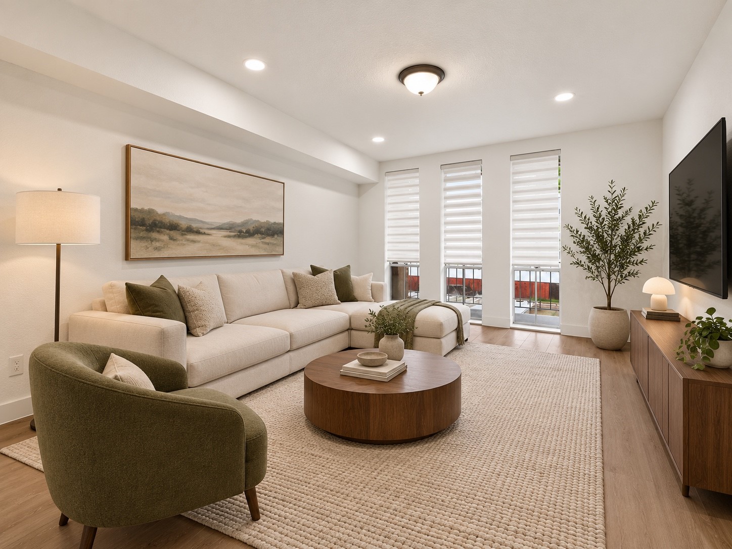 Thoughtfully renovated living room featuring beautiful new laminate flooring, a timeless neutral palette, and abundant natural light. Furniture virtually staged. Thoughtfully renovated living room featuring beautiful new laminate flooring, a timeless neutral palette, and abundant natural light. Furniture virtually staged.