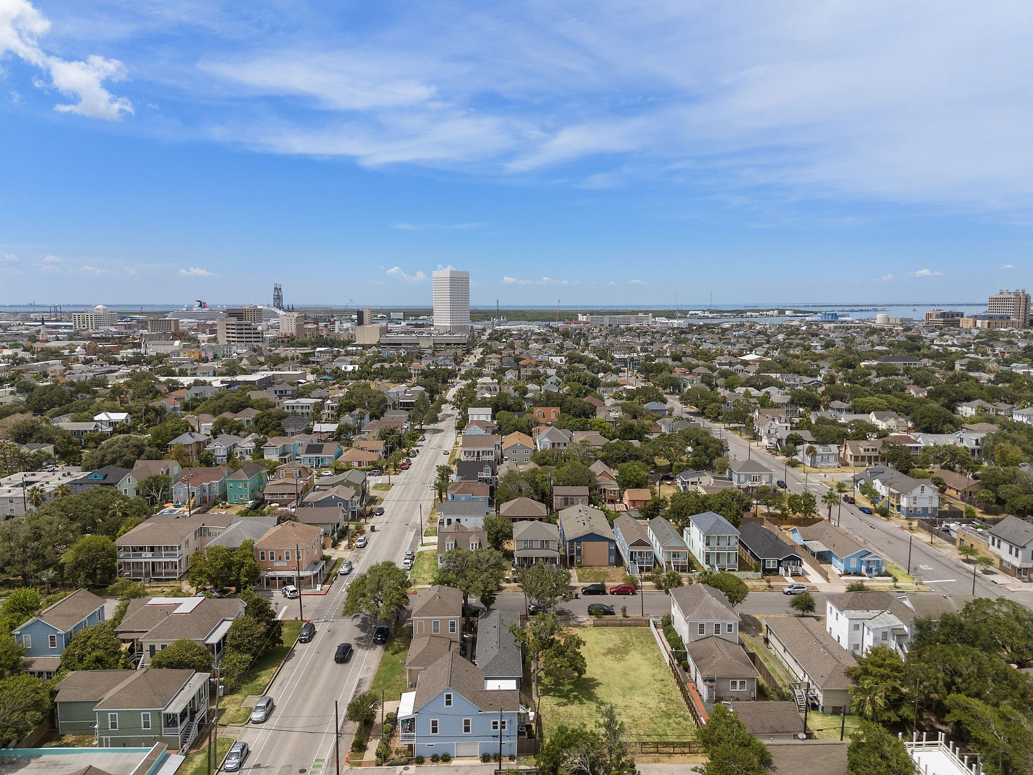 Another aerial view of home looking to downtown Galveston.