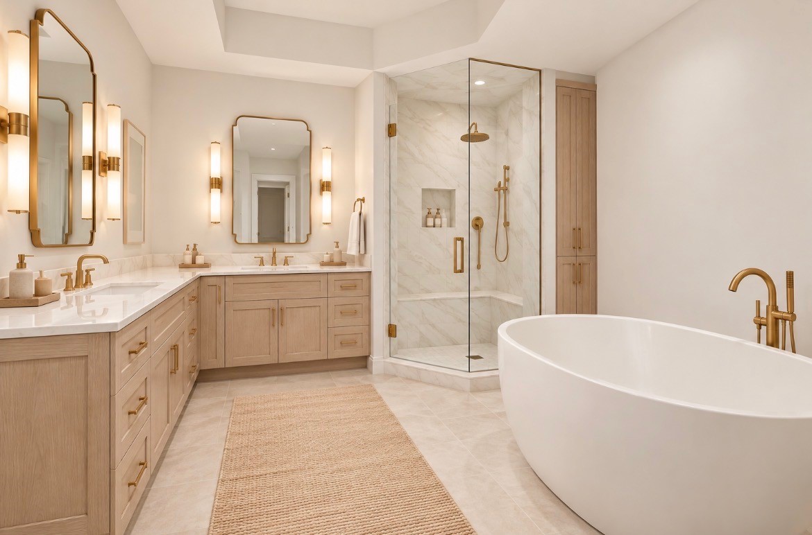 Virtually reimagined primary bath for inspirational purposes only