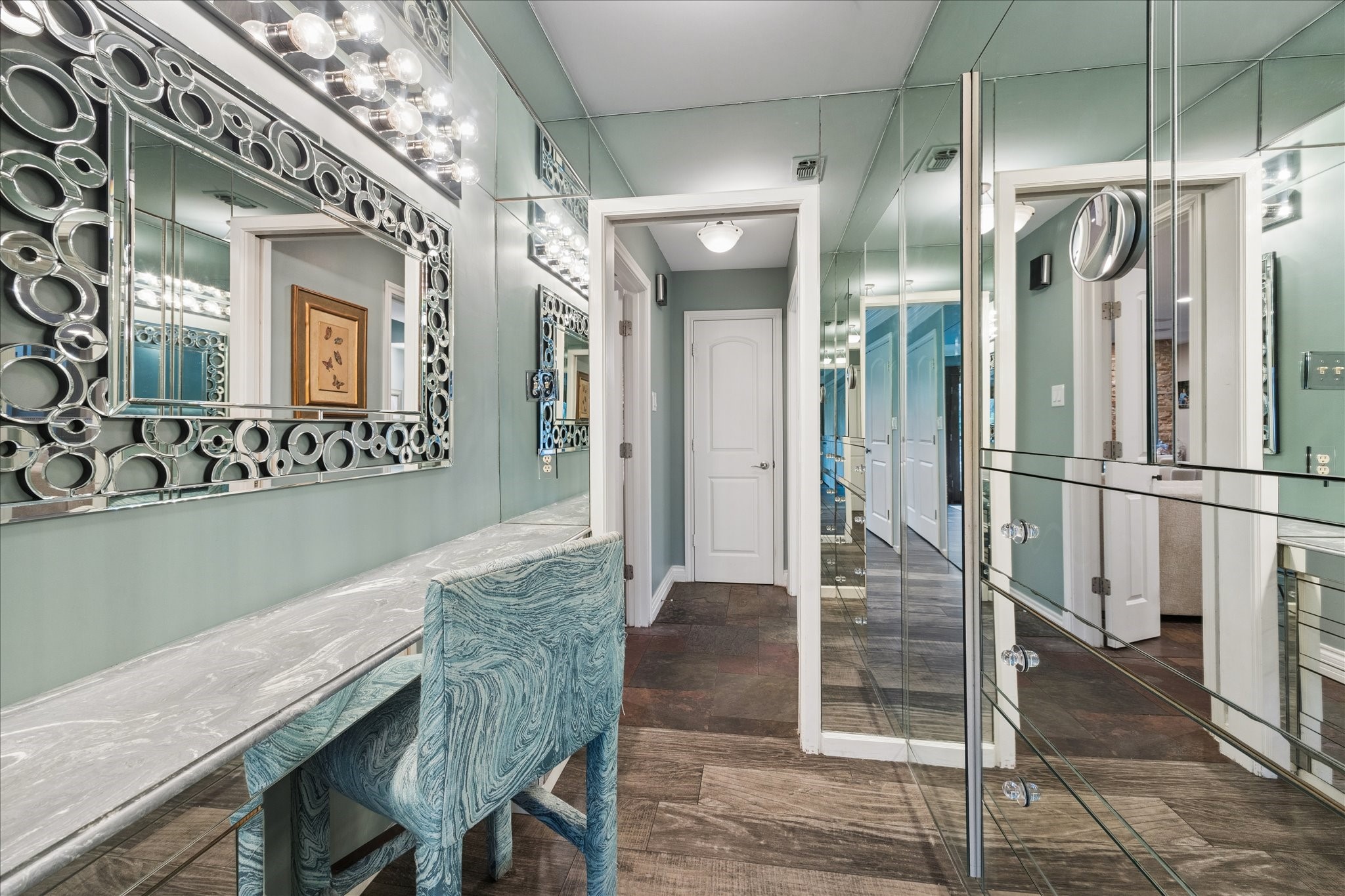 Dressing room between Primary bath and bedroom.