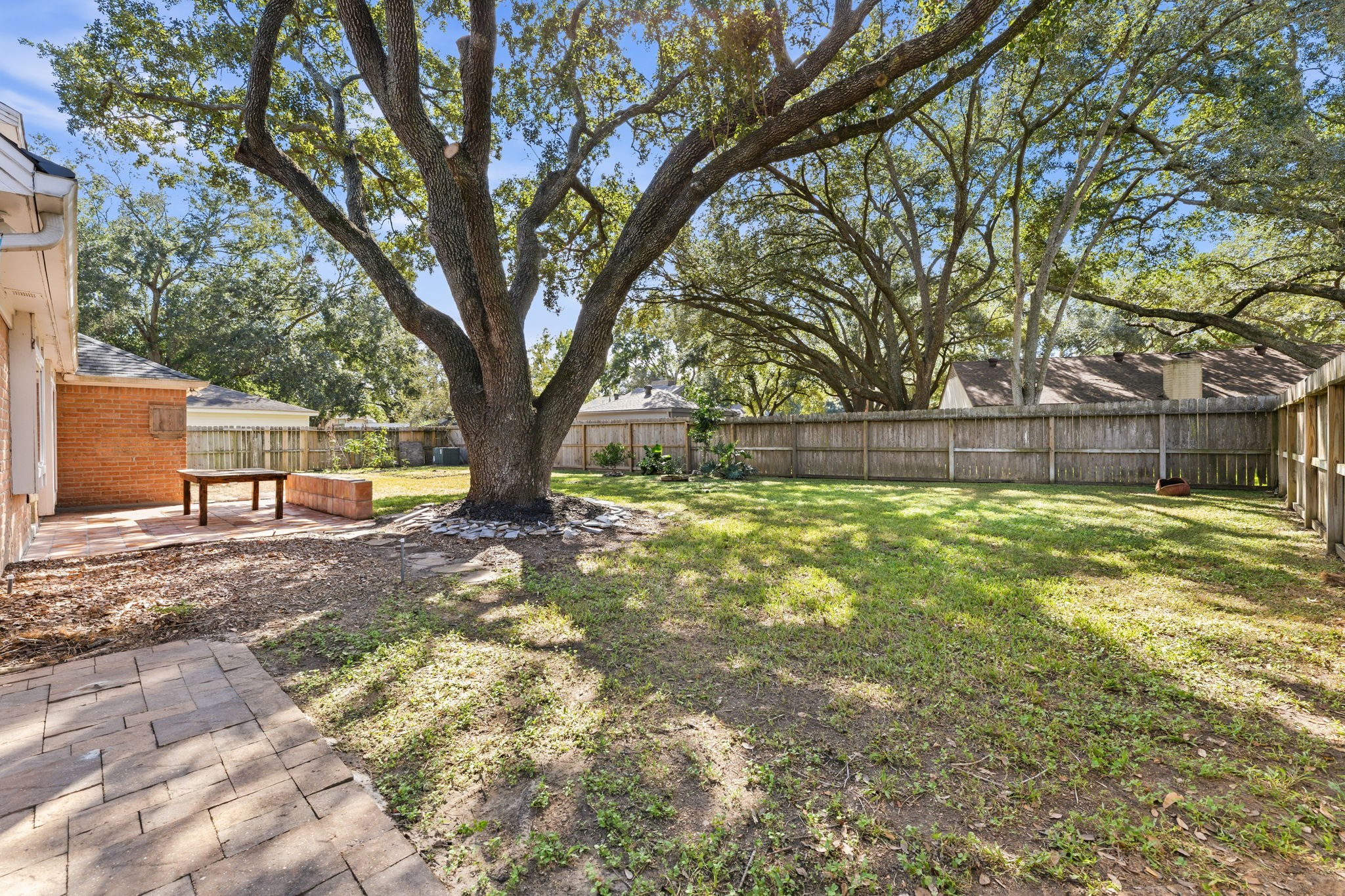 Large backyard shaded by beautiful mature tree.