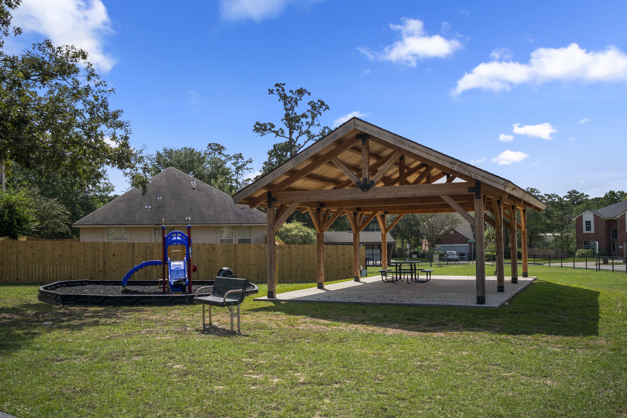 A covered pavilion adds another spot to enjoy time outside, whether its a neighborhood picnic, a shaded break while the kids play, or an easy place to gather close to home. Its one more piece of the Olde Oaks lifestyle that gives residents a little extra outdoor space to enjoy.
