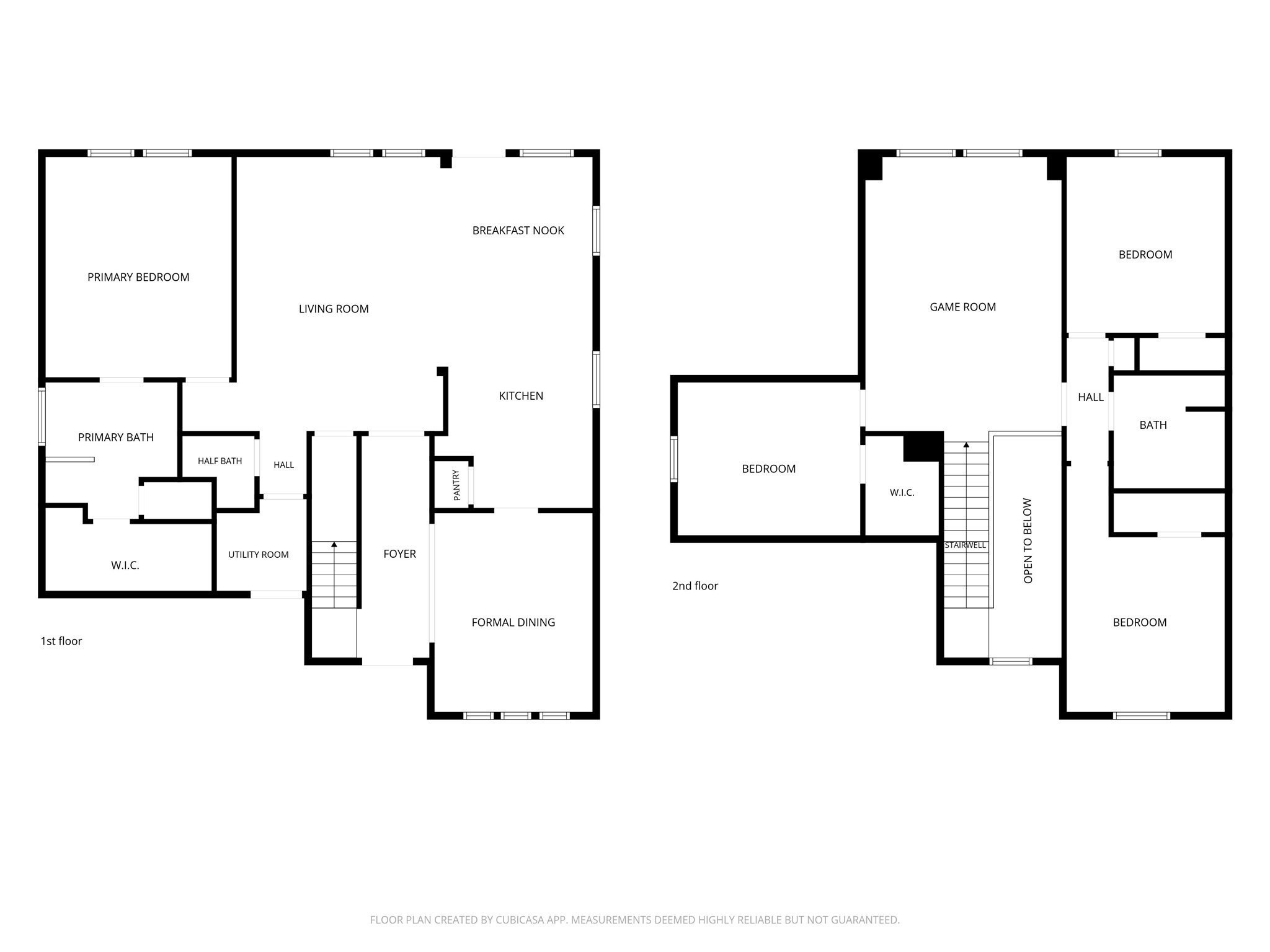 Heres the full floor plan at a glance, showing how the home is organized across two levels. Downstairs, the foyer connects to the formal dining room, kitchen, breakfast area, living room, utility room, powder bath, and primary suite. Upstairs, the gameroom sits at the center with three secondary bedrooms and a full bath arranged around itan easy layout to understand before seeing the home in person.