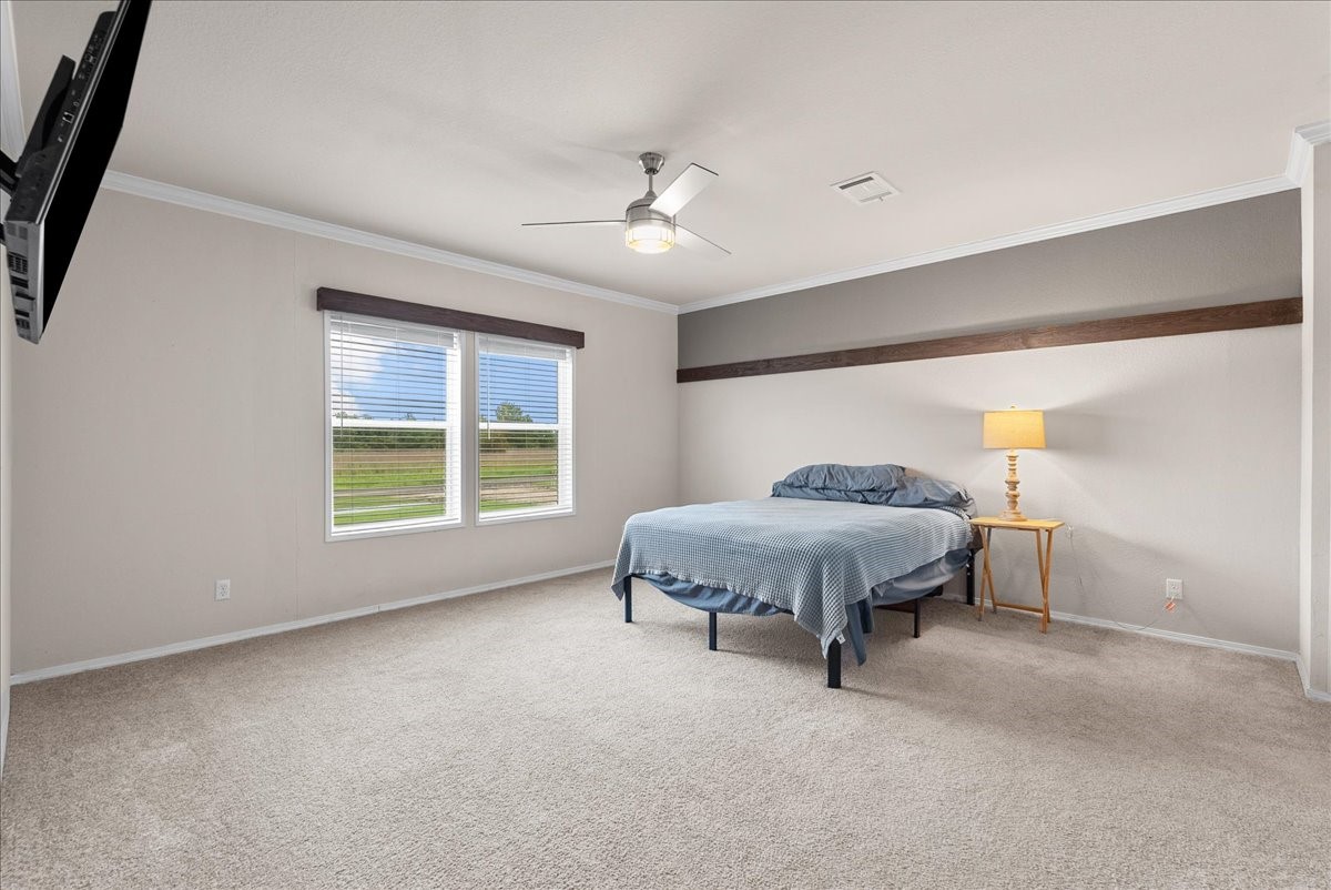 Spacious primary bedroom with ample natural light
