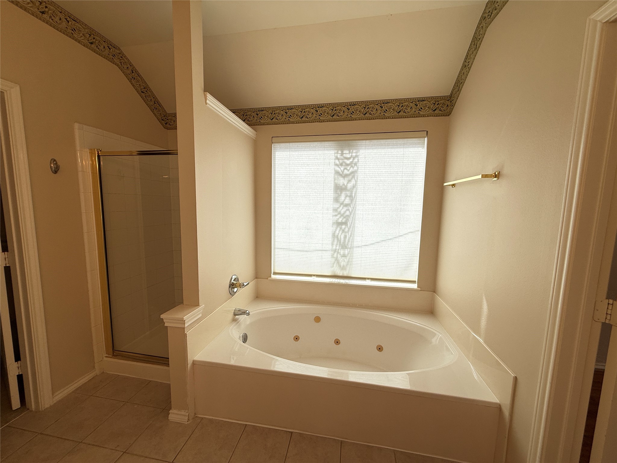 Primary bathroom featuring a spacious jetted tub and a separate glass-enclosed shower, complemented by elegant decorative trim.
