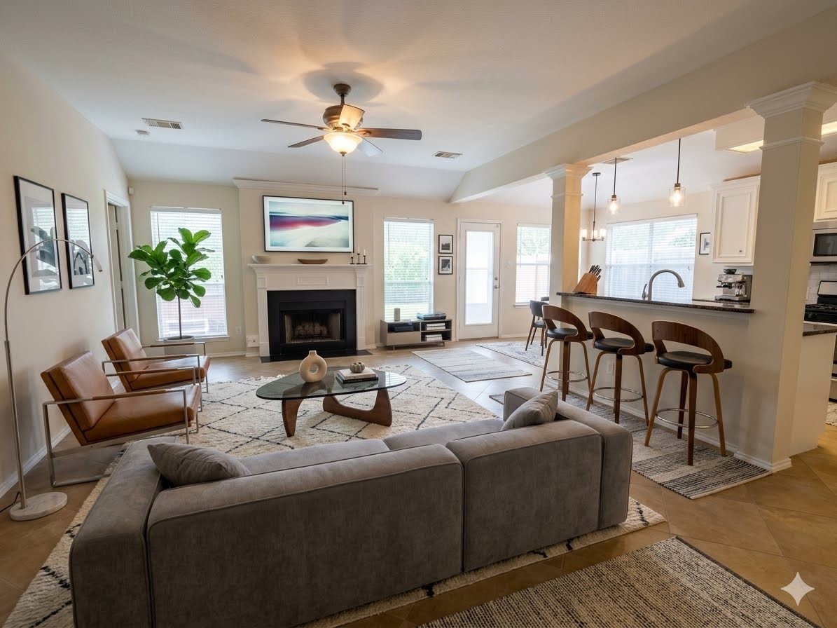 Spacious open-concept living area with modern furnishings, a cozy fireplace, and a sleek breakfast bar, perfect for entertaining and relaxation. Furniture placement ideas.