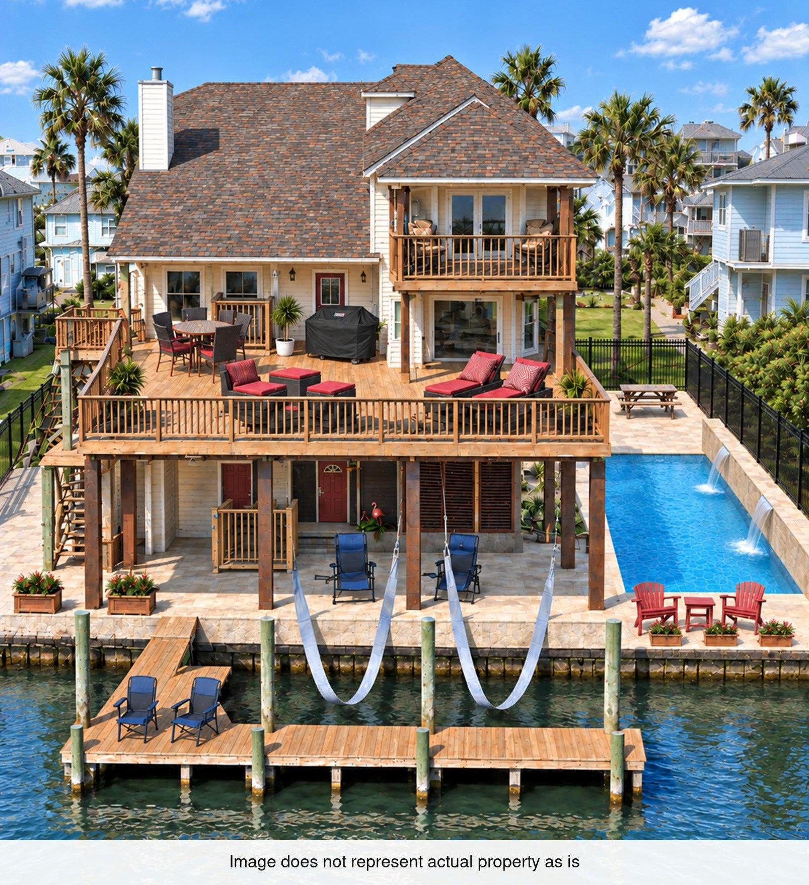 The previous overhead actual drone picture does not provide this angle of the property. However this rendition provides a close reflection of the canal side layout.