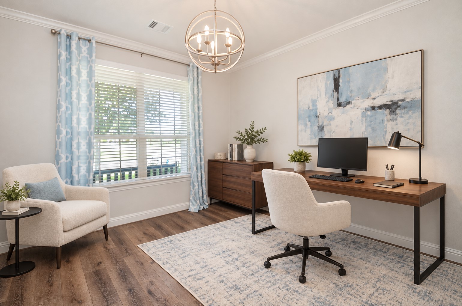 Virtually staged office showcasing the spacious layout and floor-to-ceiling windows with abundant natural light!