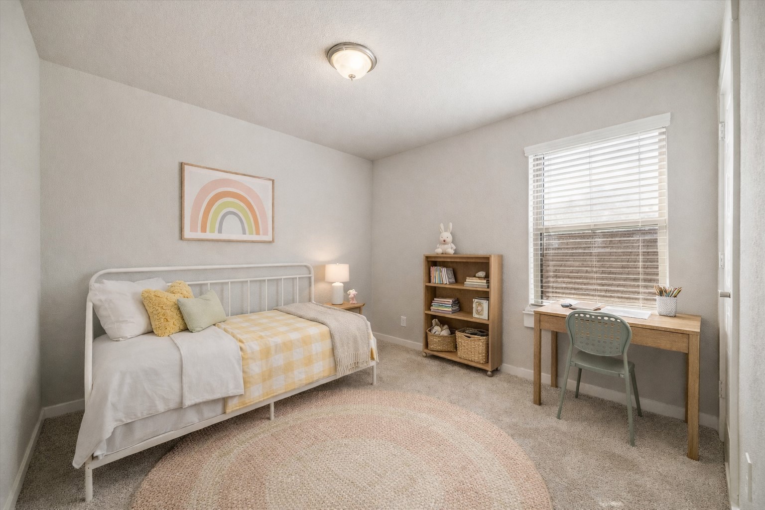 Secondary bedroom with plush new carpet & fresh paint. Large window brings in soft natural light. Generous wall space makes the room easy to furnish. *Virtually Staged*