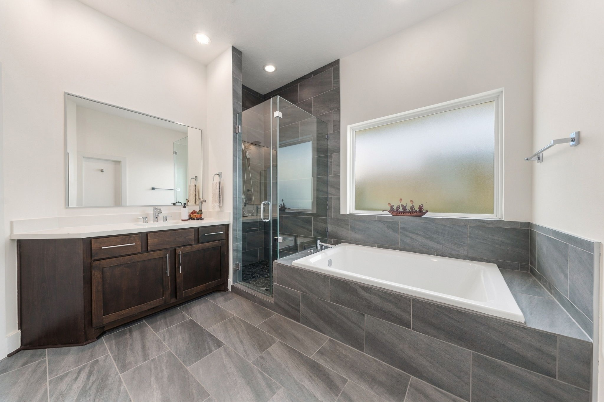 Large shower with massive soaking tub