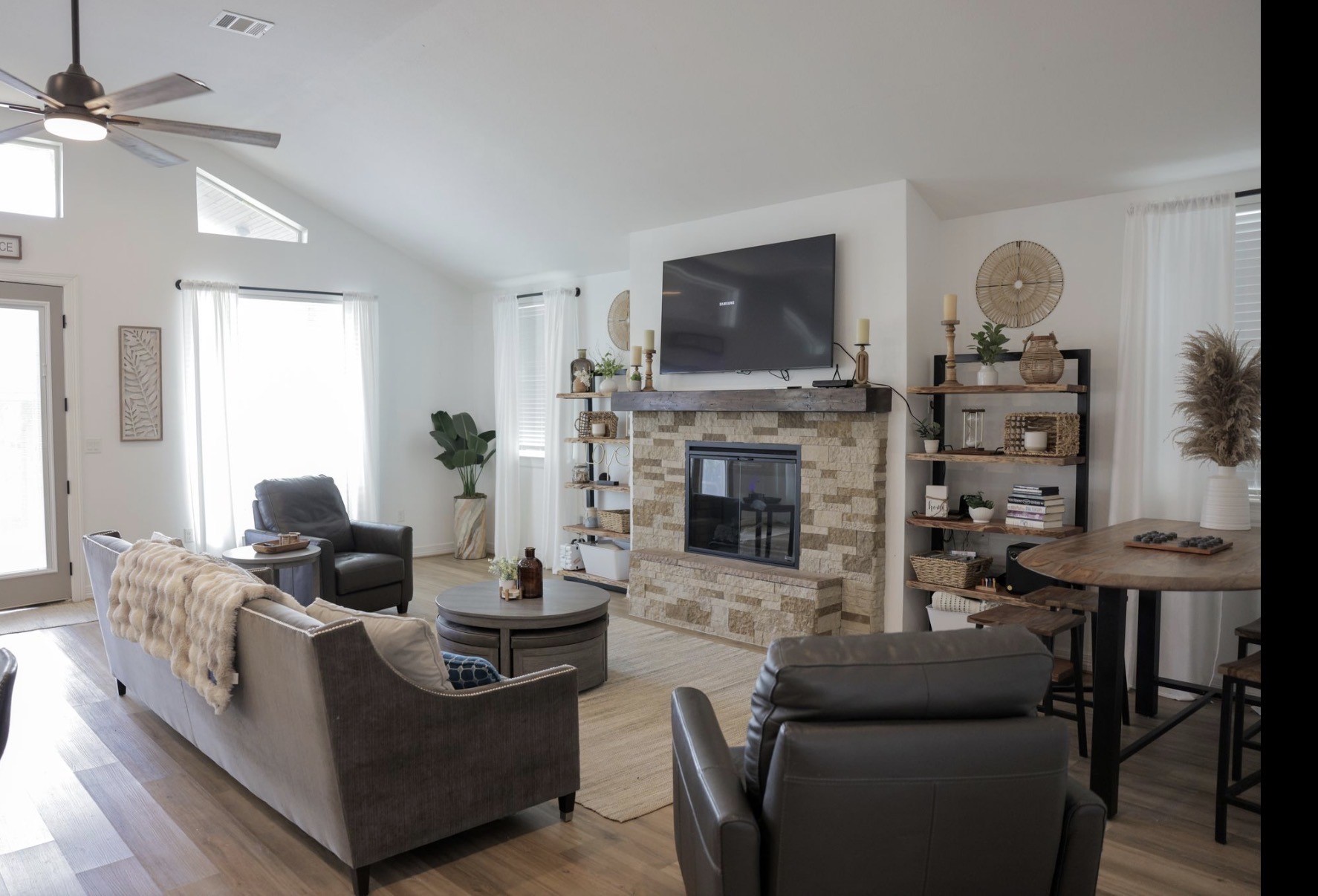 Stacked stone fireplace!