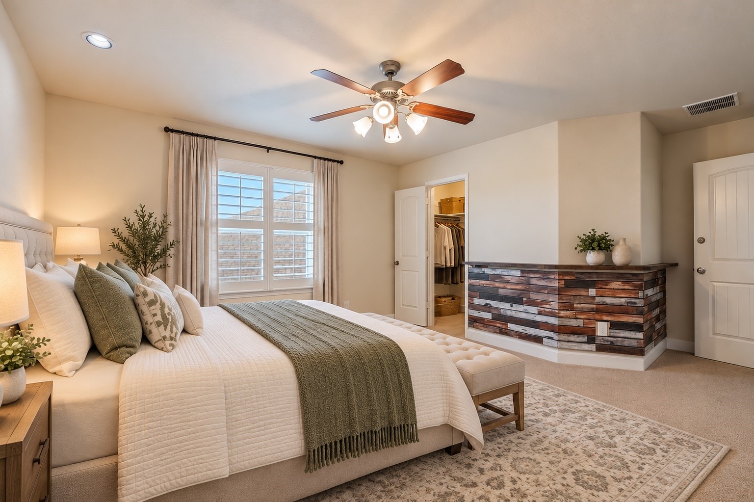 3rd bedroom upstairs features a walk-in closet and custom wood accent wall. (Virtually staged)