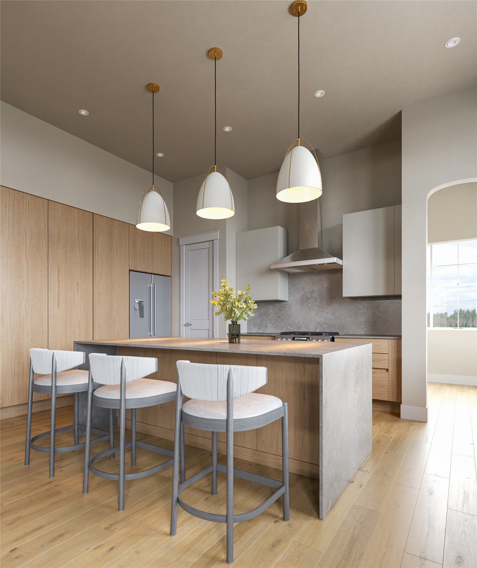 Experience luxury in this modern kitchen with sleek flat cabinets, elegant quartz countertops, and a chic waterfall island. Enjoy top-tier features like a wine fridge, imported Italian cabinetry, a pot filler, and a walk-in pantry.
