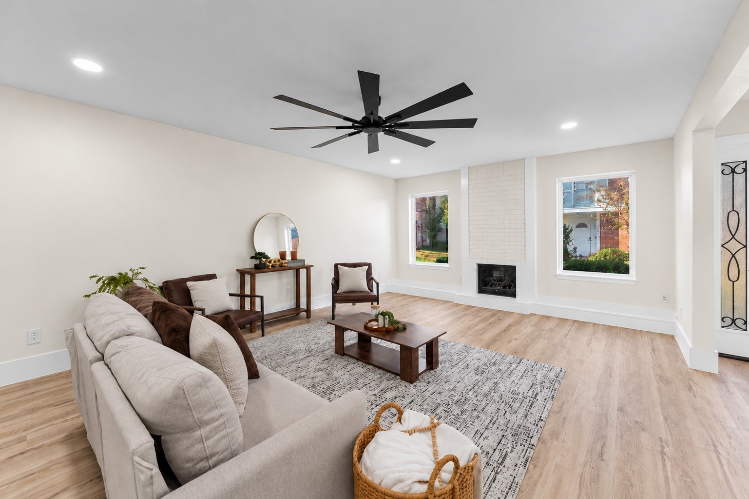The living room has a built in fireplace!