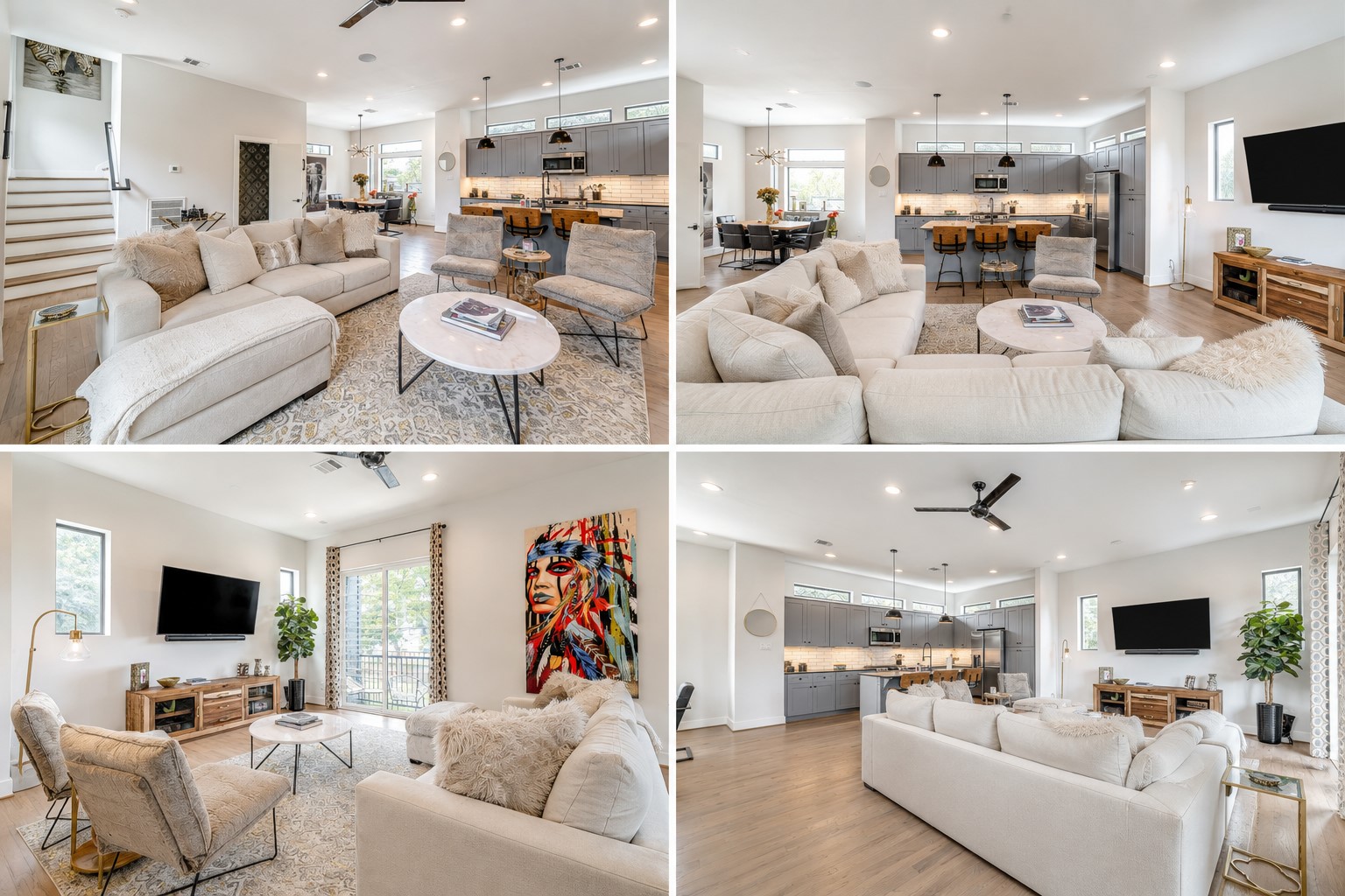 Bright open-concept living space with abundant natural light, designer finishes, and elegant hardwood floors throughout. Photos reflect previous furnishings. Home is currently vacant. Furnishings shown are for illustrative purposes only.