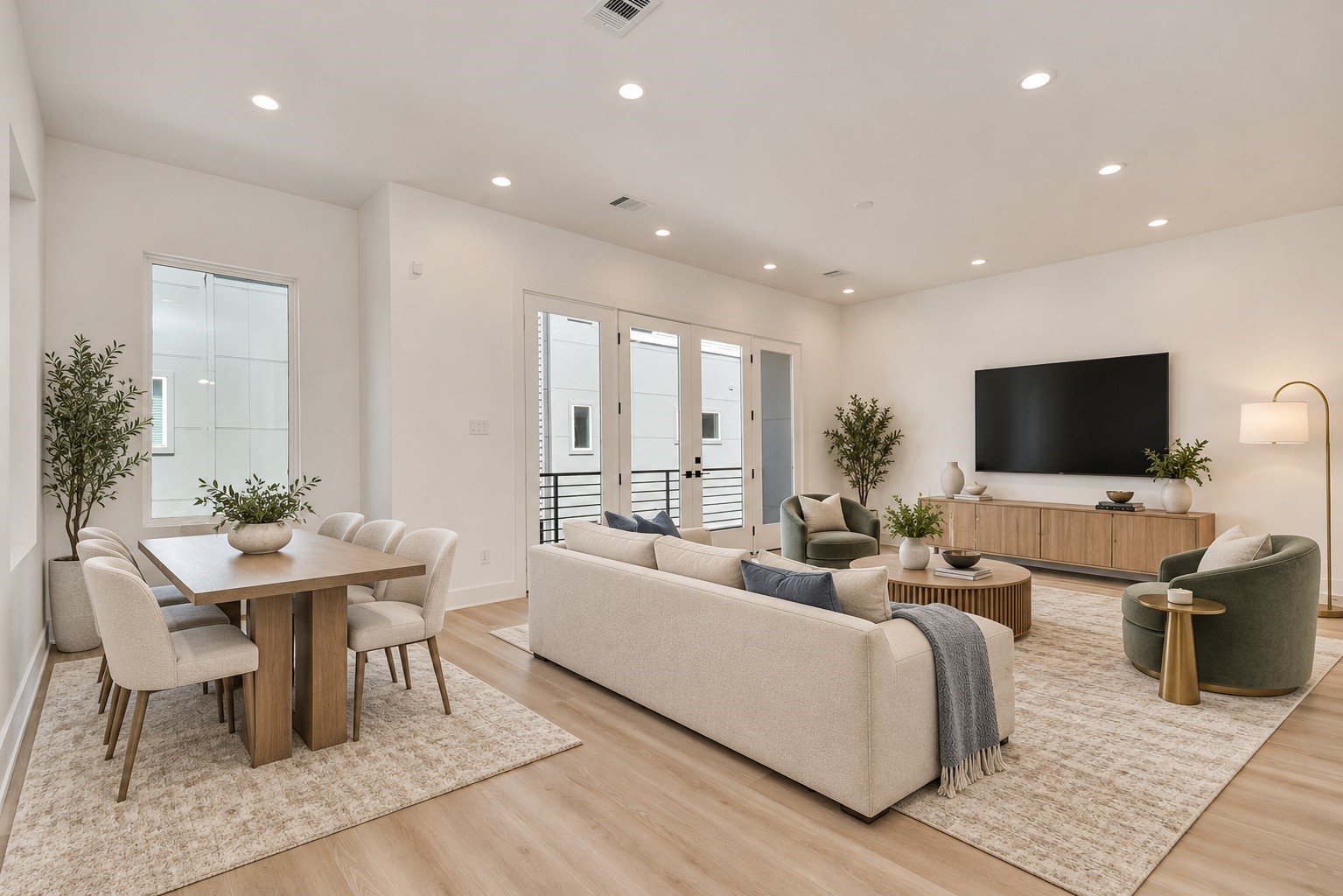 Virtually staged open-concept living and dining area with balcony access.
