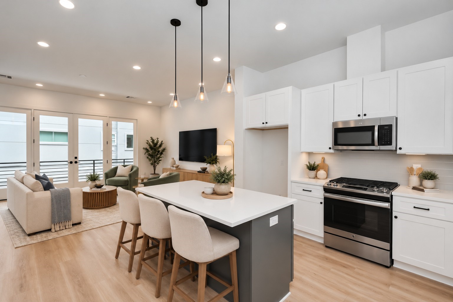 Virtually staged open-concept living and kitchen area.