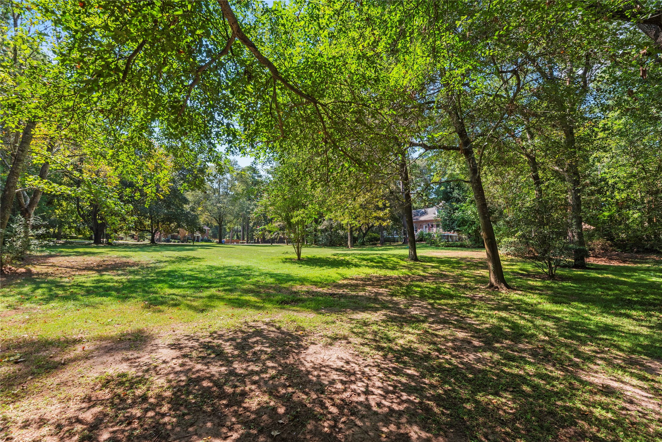Another view of the spacious lot, with mature landscaping and seasonal blooms