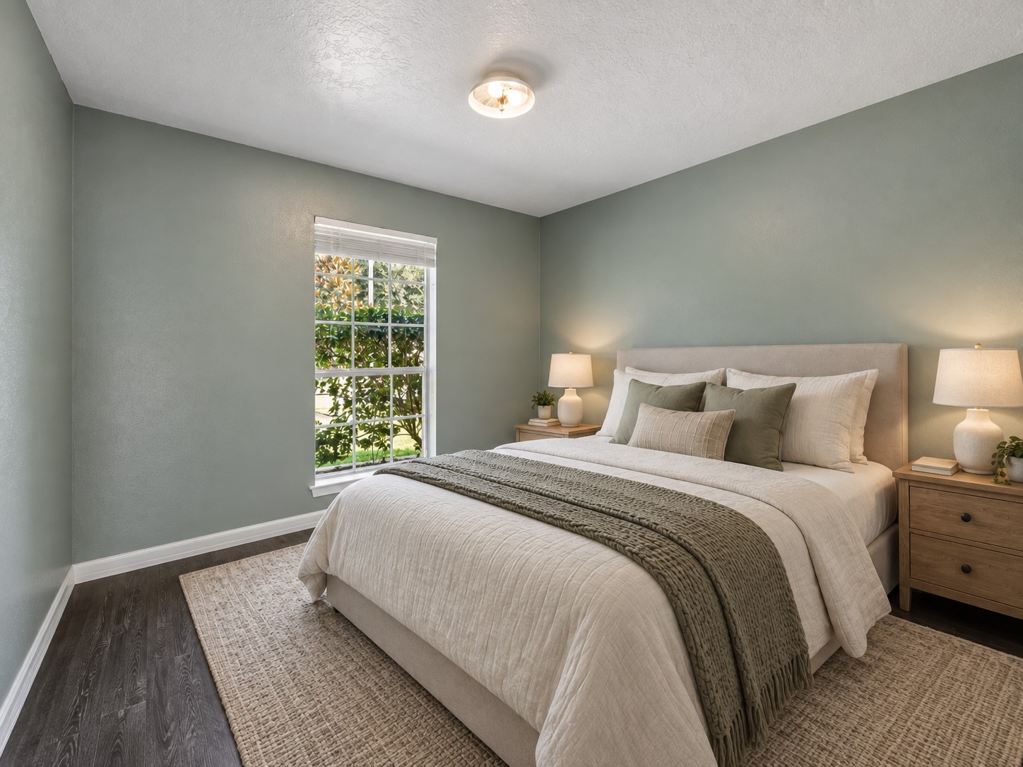 First guest bedroom pairs soft green walls with Pergo laminate flooring installed in 2006 and a window overlooking the greenery outside.
