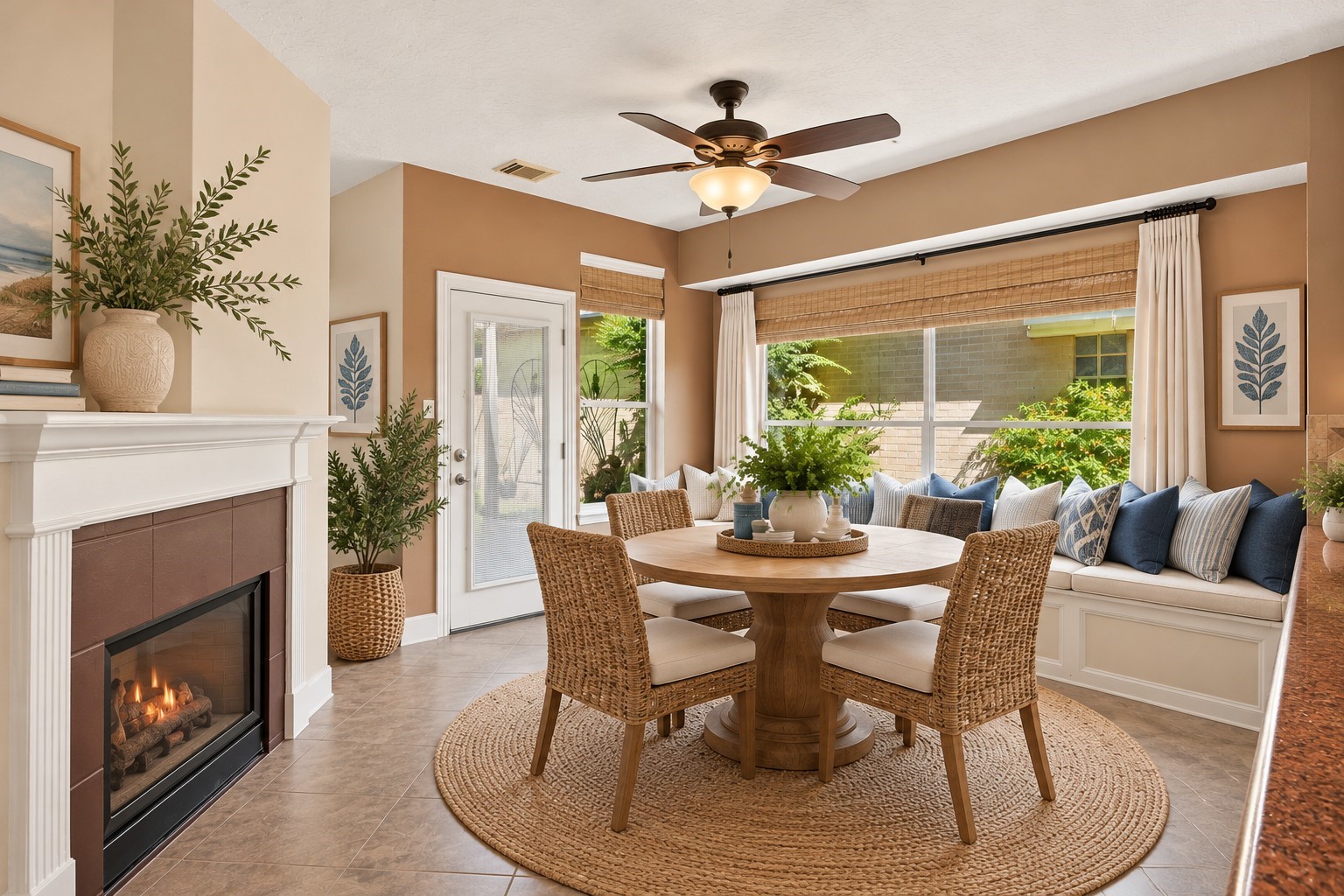 Experience seamless indoor-outdoor living in this charming breakfast room, conveniently located next to the kitchen with direct access to the backyard, beautifully enhanced through virtual staging.