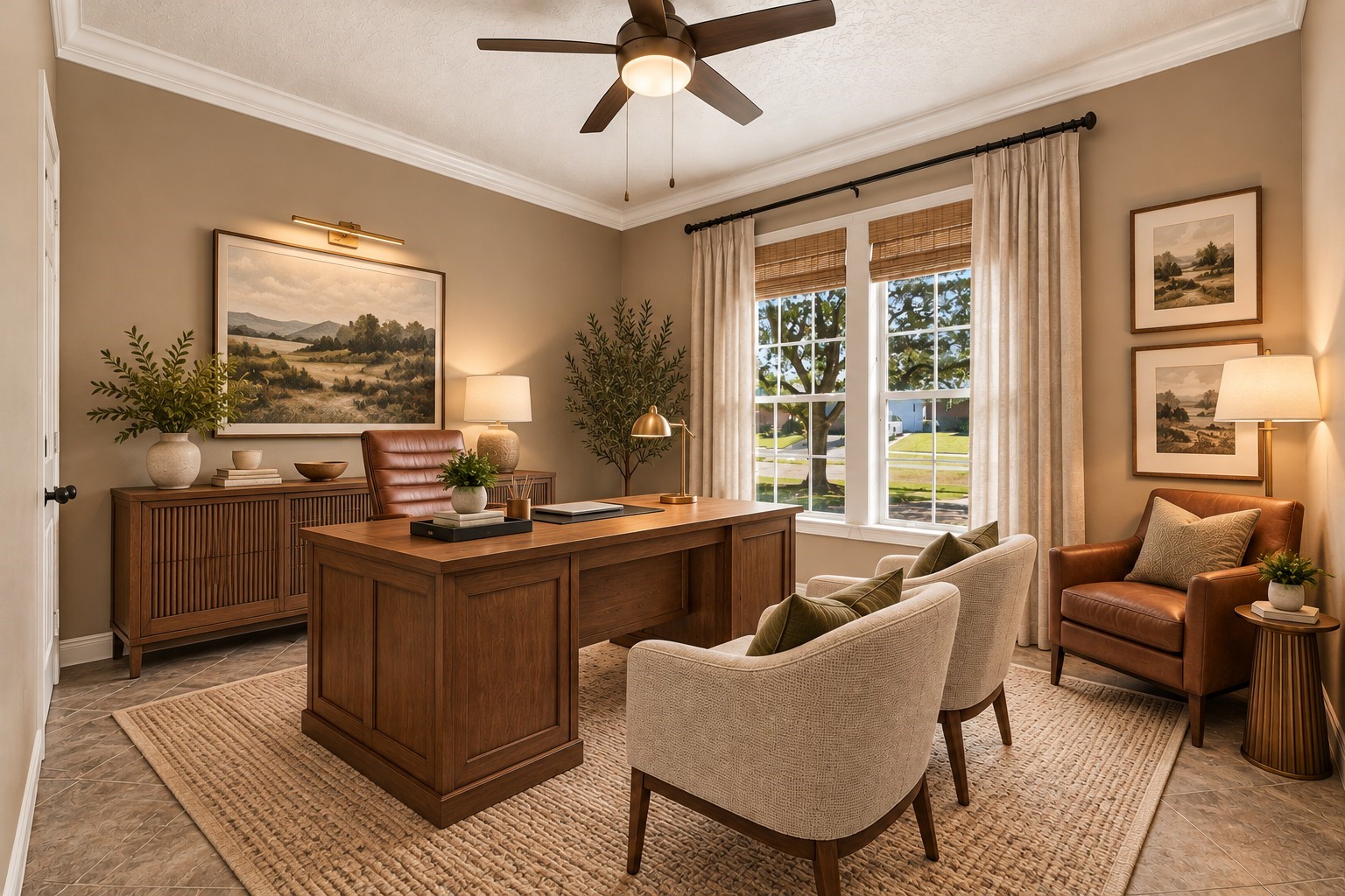 Discover a serene first-floor office bathed in natural light, perfect for productivity and relaxation.