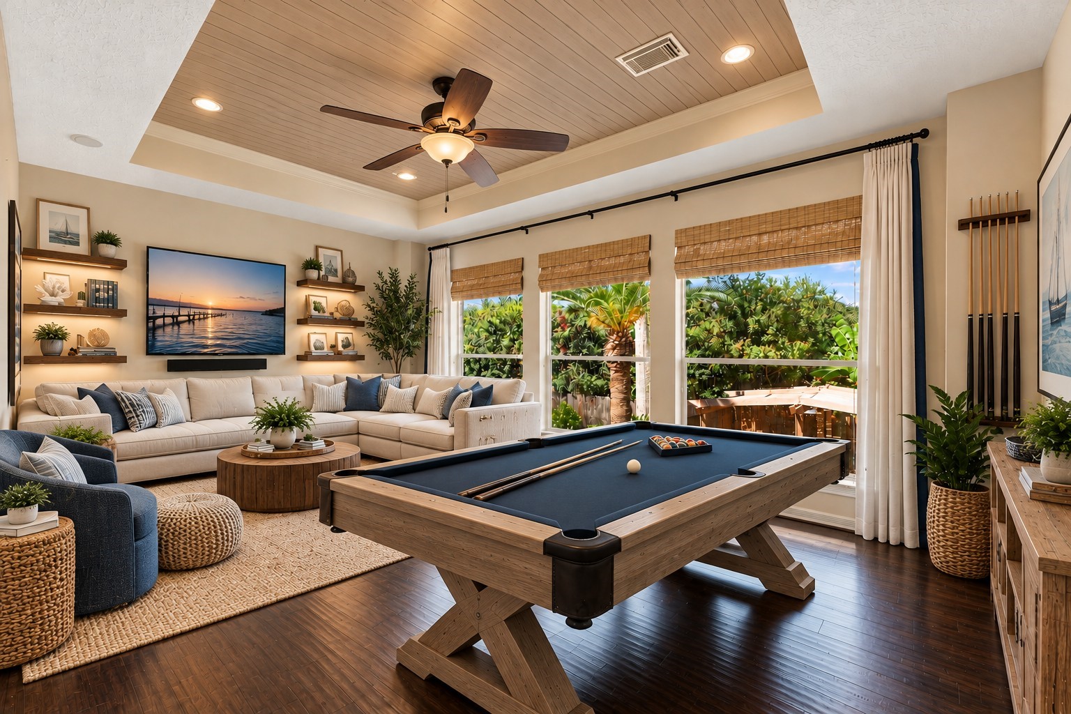 Experience elevated leisure in this inviting second-floor game room, beautifully enhanced with virtual staging for a perfect blend of style and function.