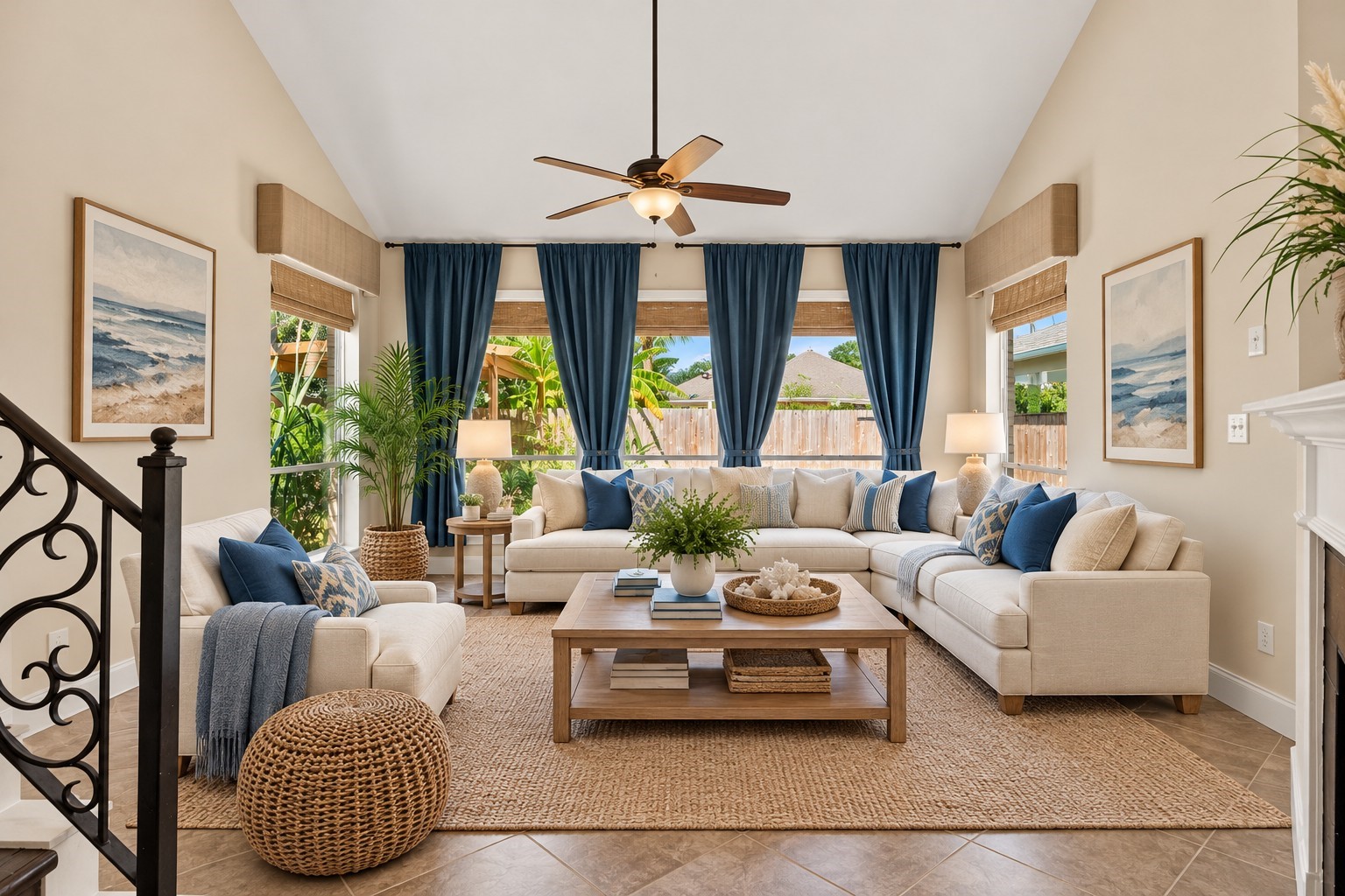 Experience the elegance of soaring high ceilings in the living room, seamlessly connecting to a lush backyard view, enhanced by virtual staging.