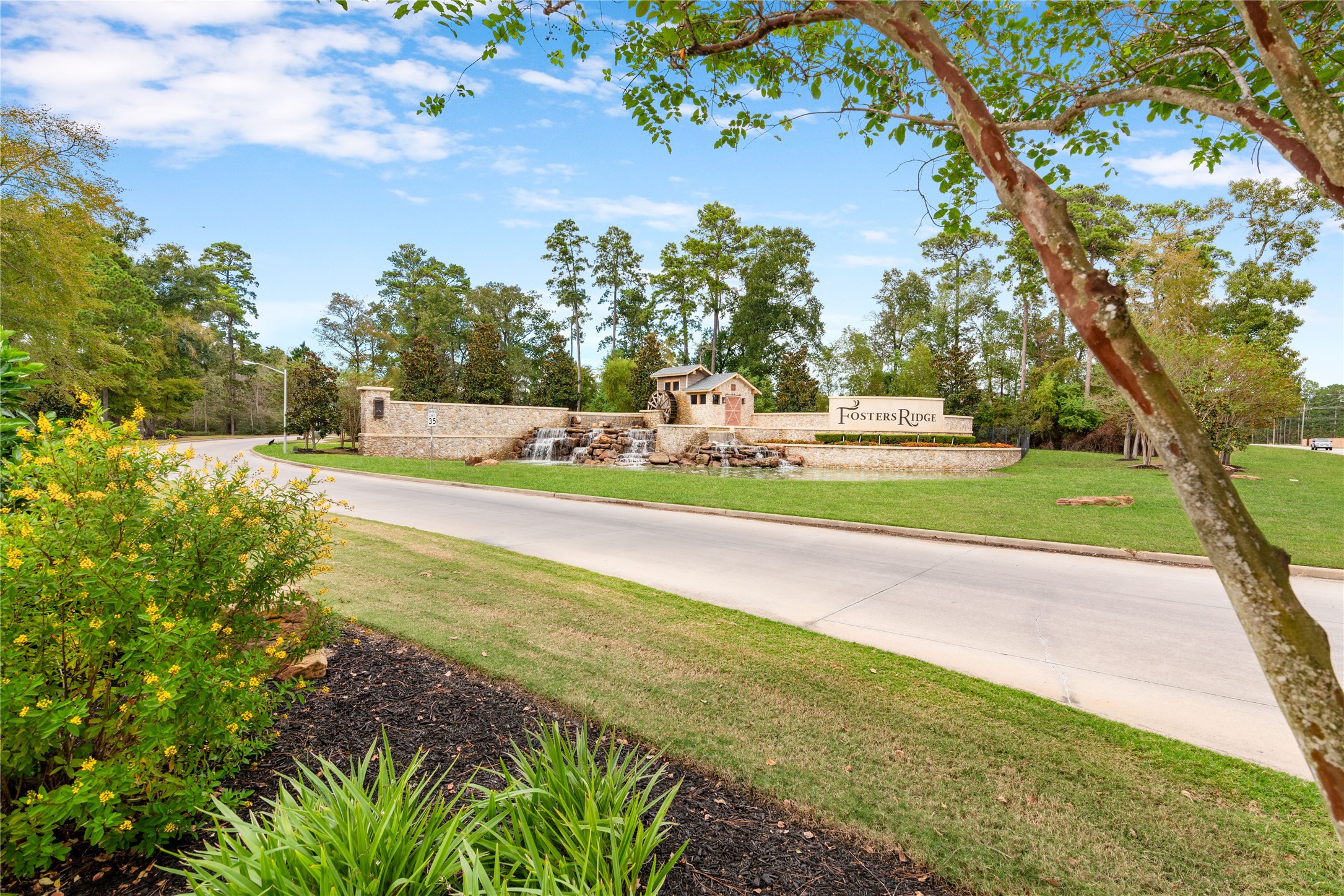 Discover the charm of Fosters Ridge, an inviting community surrounded by lush greenery and scenic landscapes, featuring a welcoming stone entrance and tranquil waterfall.