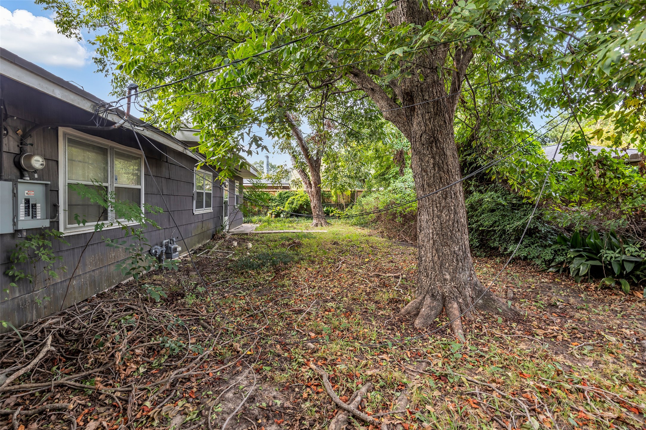 Keep the mature shade trees as the backdrop for your future backyard retreat. Keep the mature shade trees as the backdrop for your future backyard retreat.
