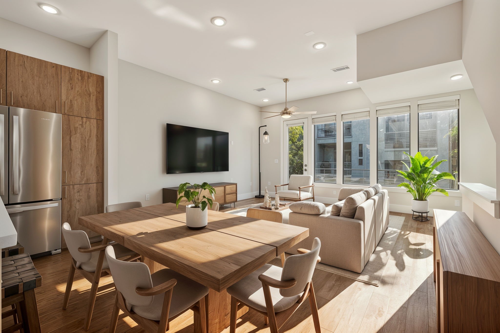 On the 2nd floor is the open concept kitchen and living room. Please note the huge windows throughout for tons of natural light. This pic is virtually staged