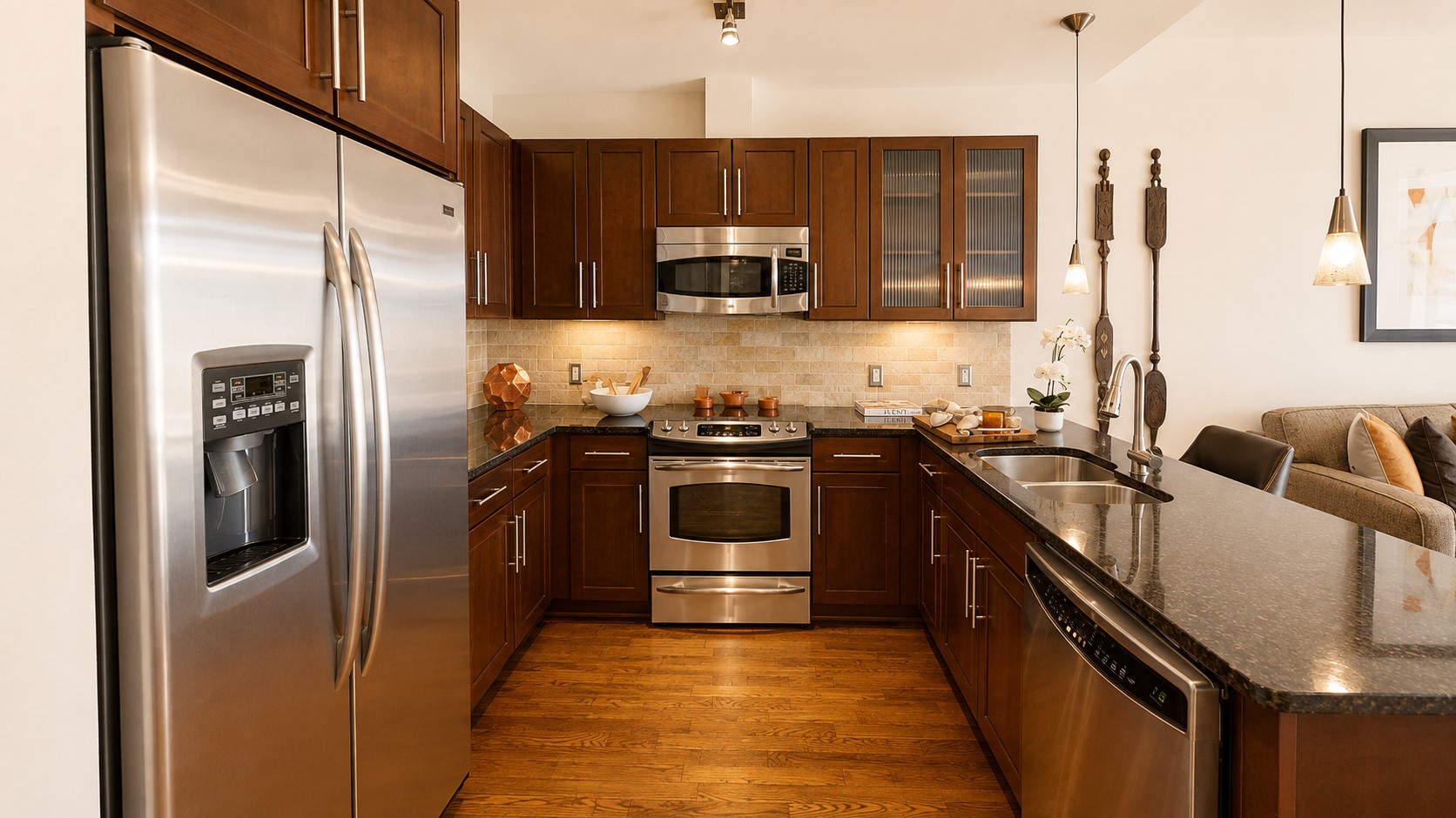 Everything you need is right here, with generous cabinetry, granite countertops, stainless-steel appliances and plenty of workspace for everyday cooking.