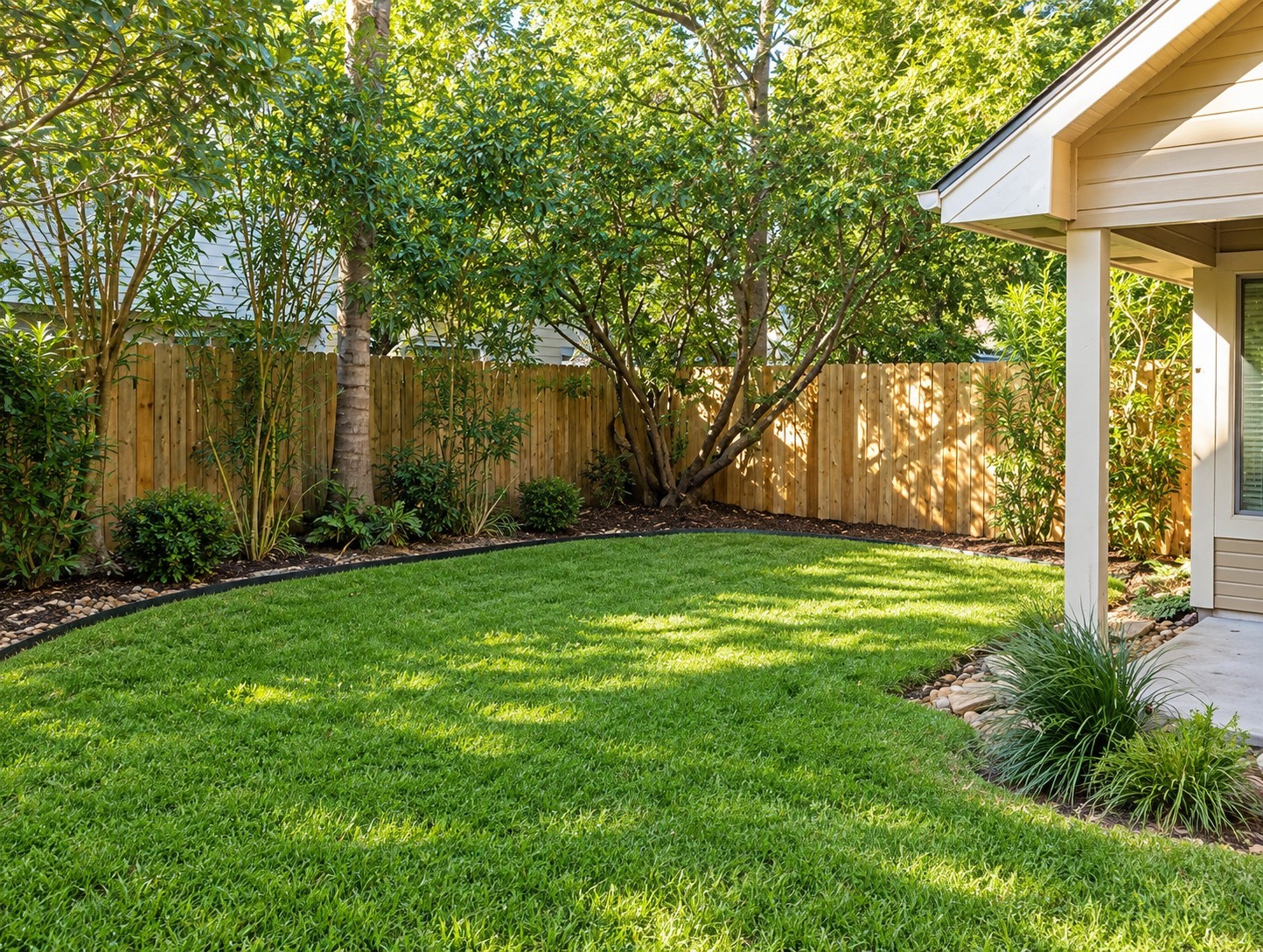 Private backyard with mature trees and room for outdoor activities.