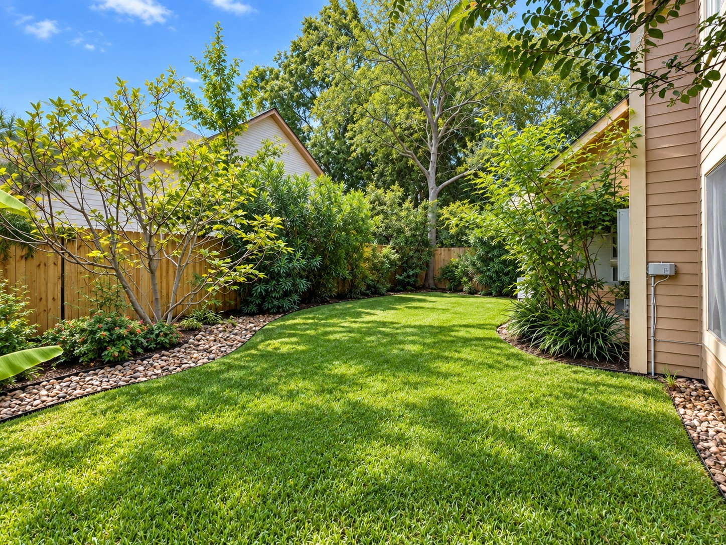 Spacious backyard with lush greenery and mature trees.